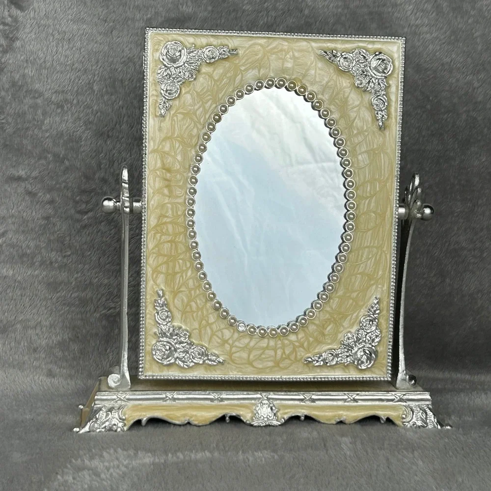 Vintage Style Enameled Tilting Vanity Mirror Cream Silver Floral Faux Pearl